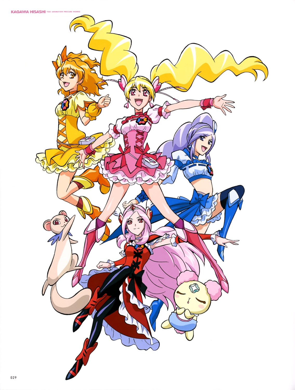 aono_miki chiffon_(precure) dress fresh_precure! heels higashi_setsuna momozono_love pantyhose precure tarte_(fresh) thighhighs yamabuki_inori