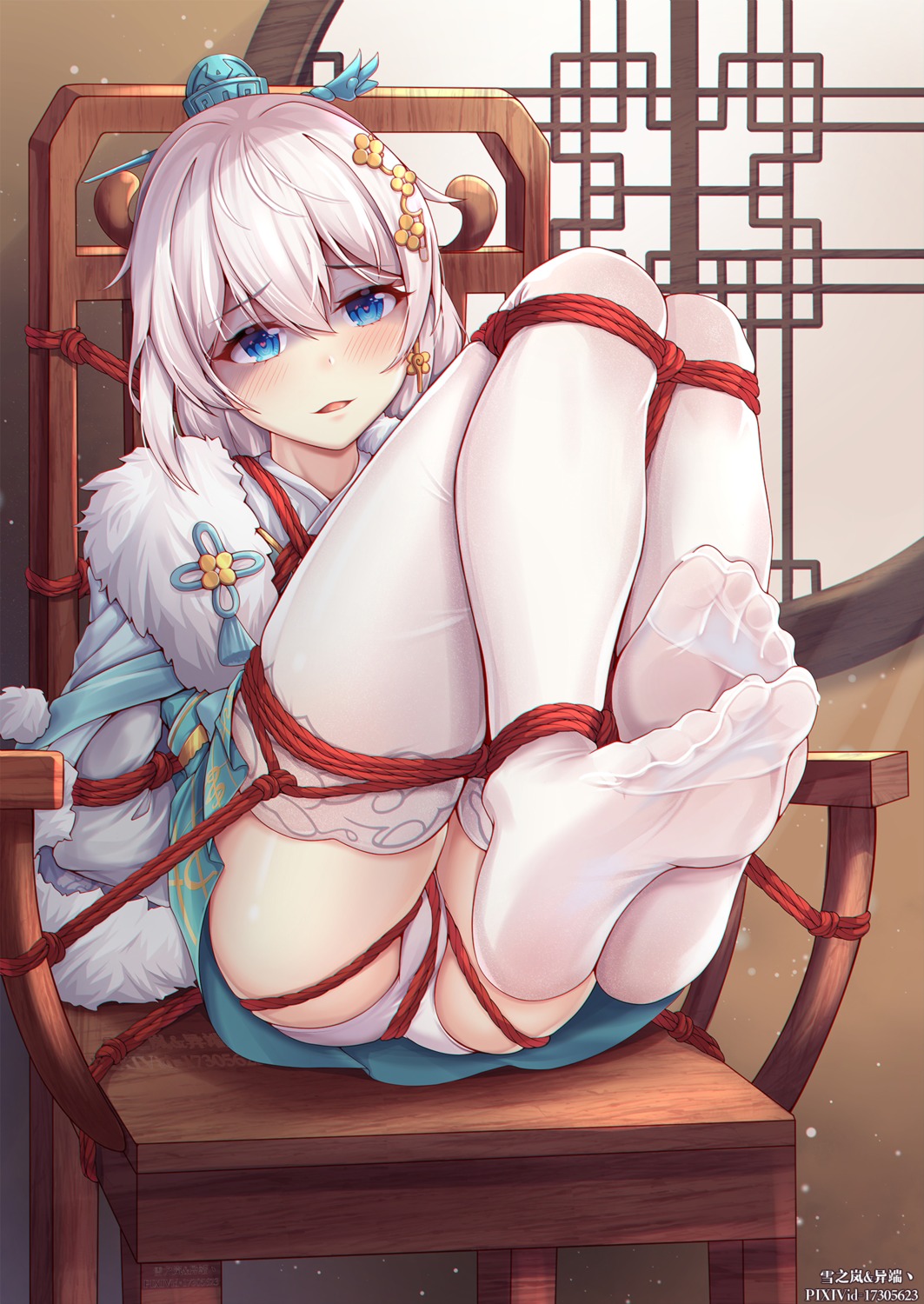 artist_revision asian_clothes benghuai_xueyuan bondage feet honkai_impact pantsu skirt_lift theresa_apocalypse thighhighs yiduan_zhu