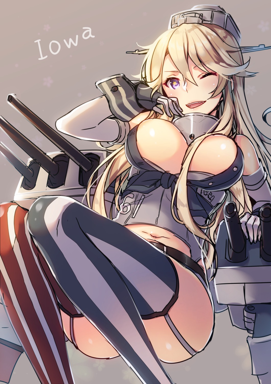 cleavage iowa_(kancolle) kantai_collection no_bra open_shirt stockings tahya thighhighs