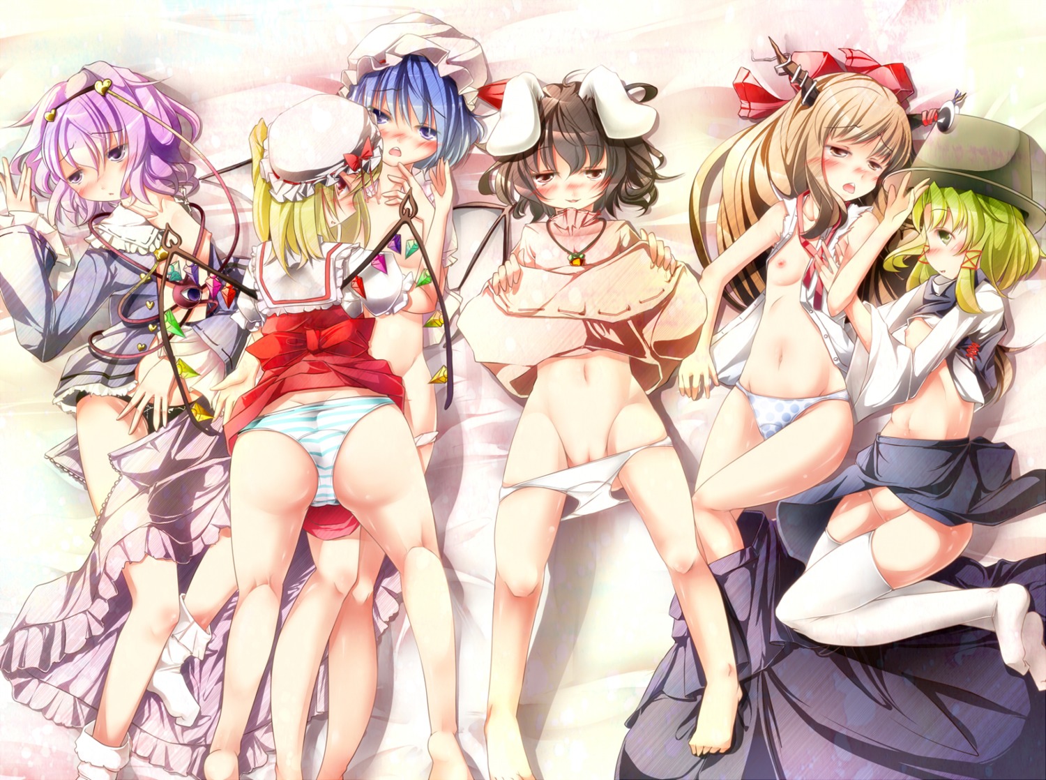 animal_ears ass bunny_ears flandre_scarlet ibuki_suika inaba_tewi komeiji_satori loli moriya_suwako nipples no_bra nopan open_shirt pantsu pussy remilia_scarlet shimapan skirt_lift sugiyuu thighhighs touhou uncensored wallpaper yuri