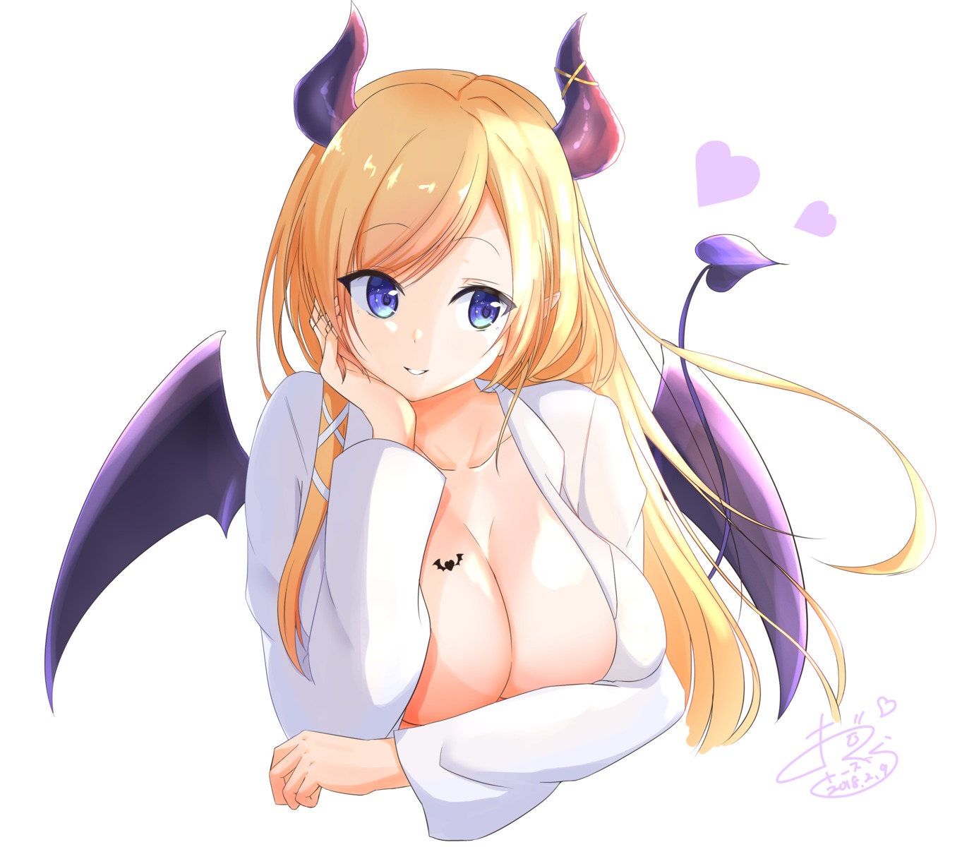breast_hold breasts hololive horns no_bra ogura_toast open_shirt pointy_ears tail tattoo wings yuzuki_choco
