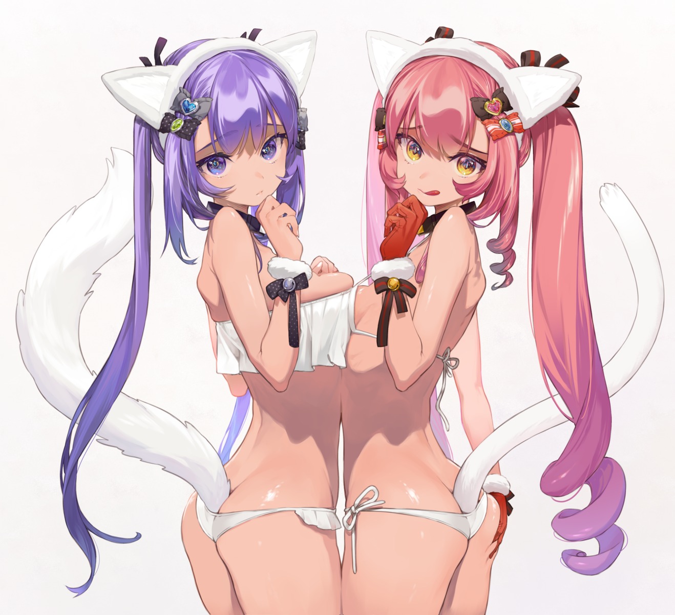 amana_(pocketkey) animal_ears ass ass_grab bikini nekomimi swimsuits symmetrical_docking tail thong yuri