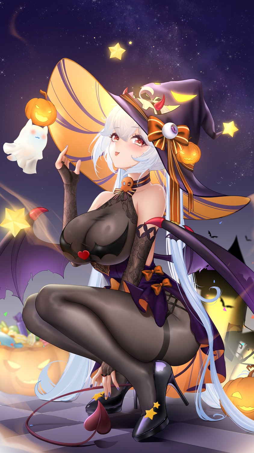 devil dress erect_nipples halloween heels horns liu_liaoliao no_bra pantyhose tail wings witch