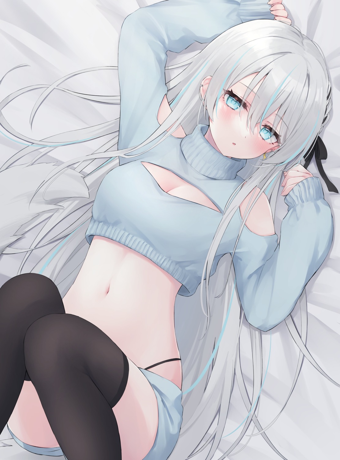 cleavage indie_virtual_youtuber mizushiro_kumori no_bra pantyhose shano_hiyori sweater thighhighs