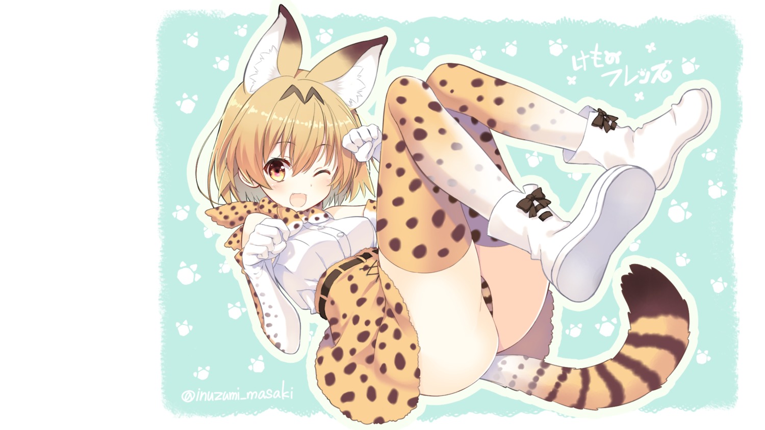 animal_ears ass inuzumi_masaki kemono_friends pantsu serval shimapan tail thighhighs wallpaper