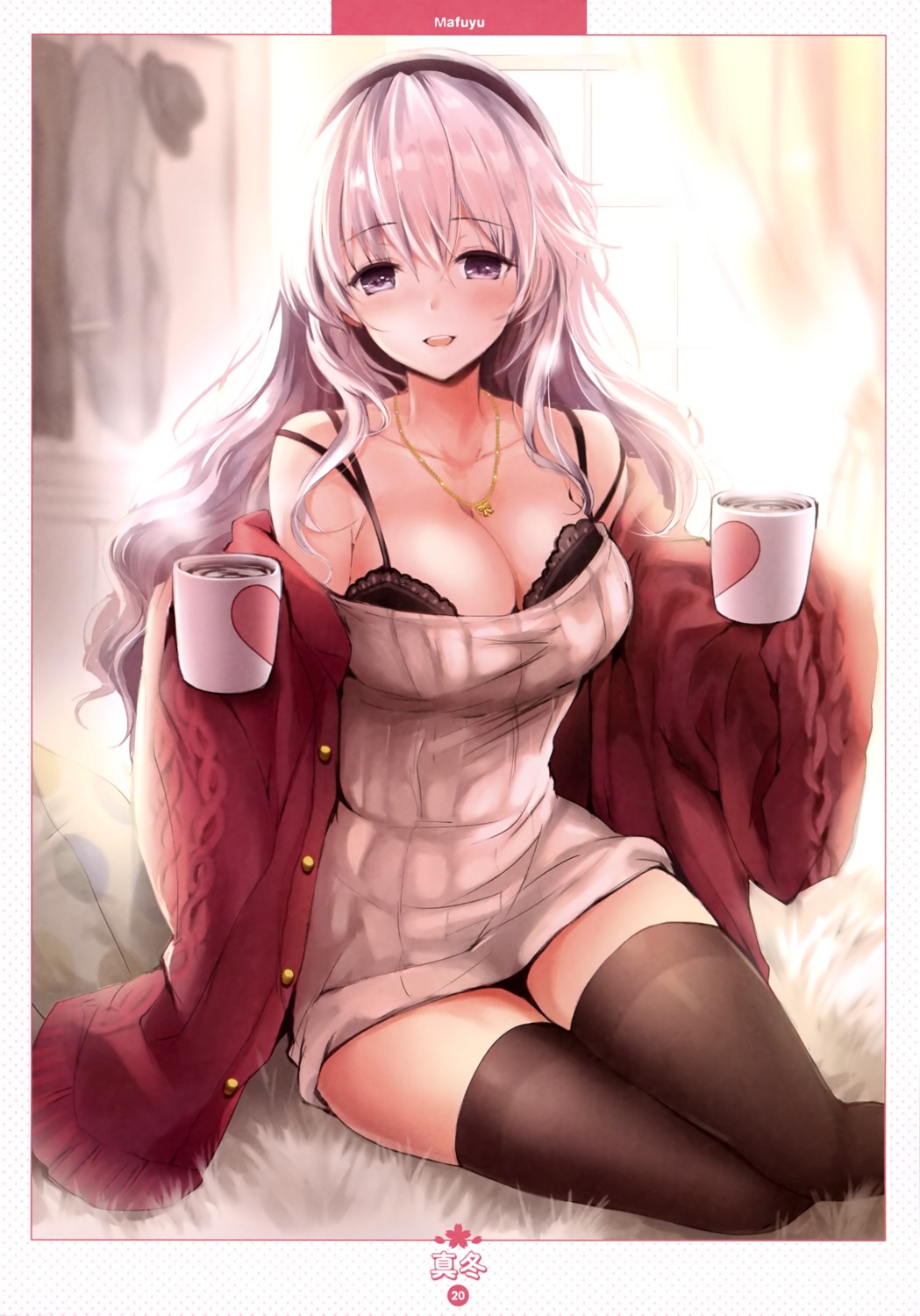 bra cleavage dress mafuyu open_shirt sweater thighhighs