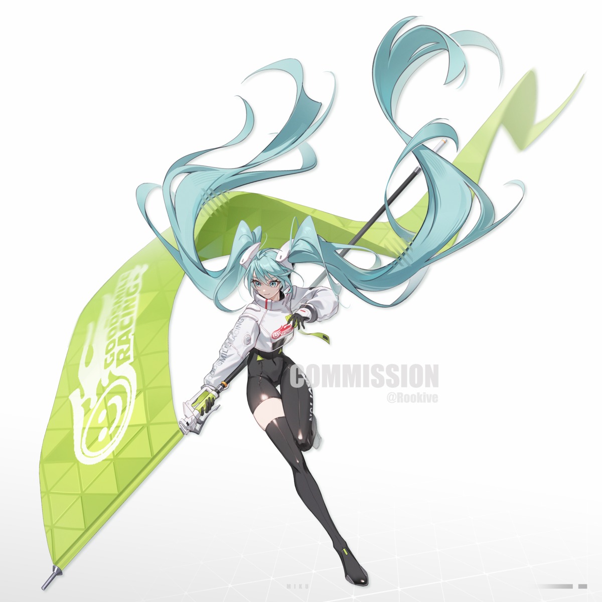 bodysuit goodsmile_racing hatsune_miku headphones racing_miku rookive_cai_cai thighhighs vocaloid