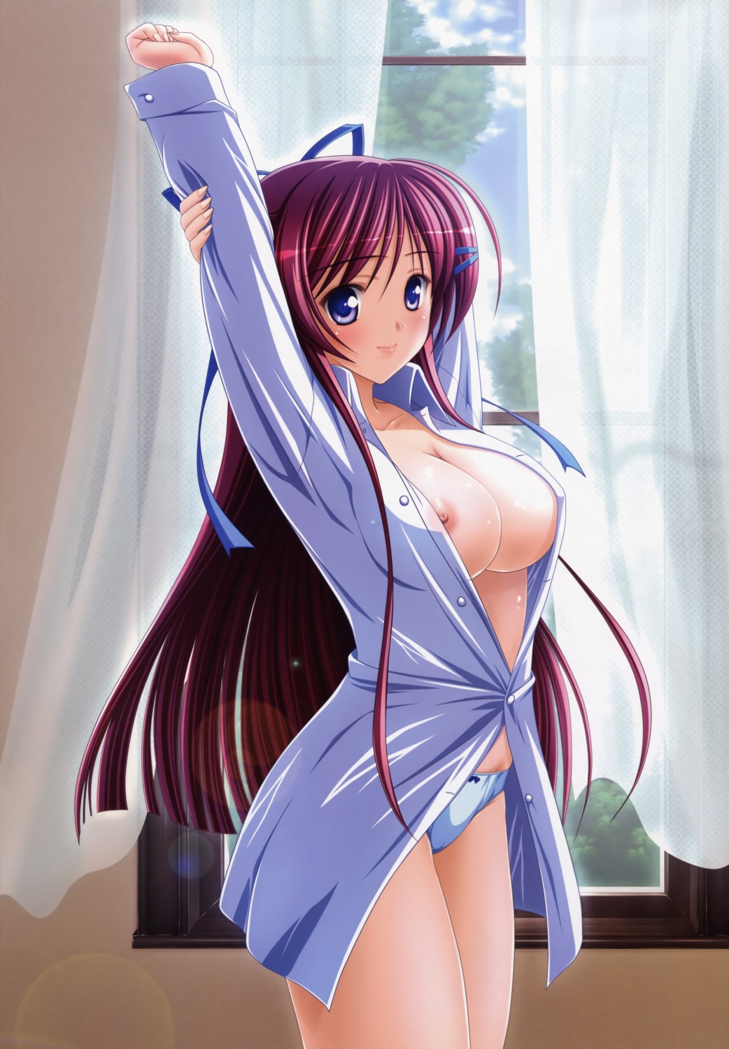 asagiri_chihaya breasts dress_shirt kishi_nisen nipple_slip nipples no_bra oboro_komachi open_shirt pantsu