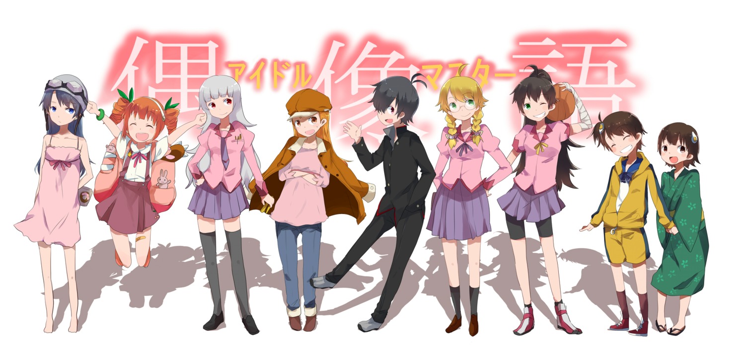 bakemonogatari cosplay futami_ami futami_mami ganaha_hibiki hoshii_miki kikuchi_makoto kisaragi_chihaya minase_iori monogatari_(series) pun2 seifuku shijou_takane takatsuki_yayoi the_idolm@ster thighhighs yukata