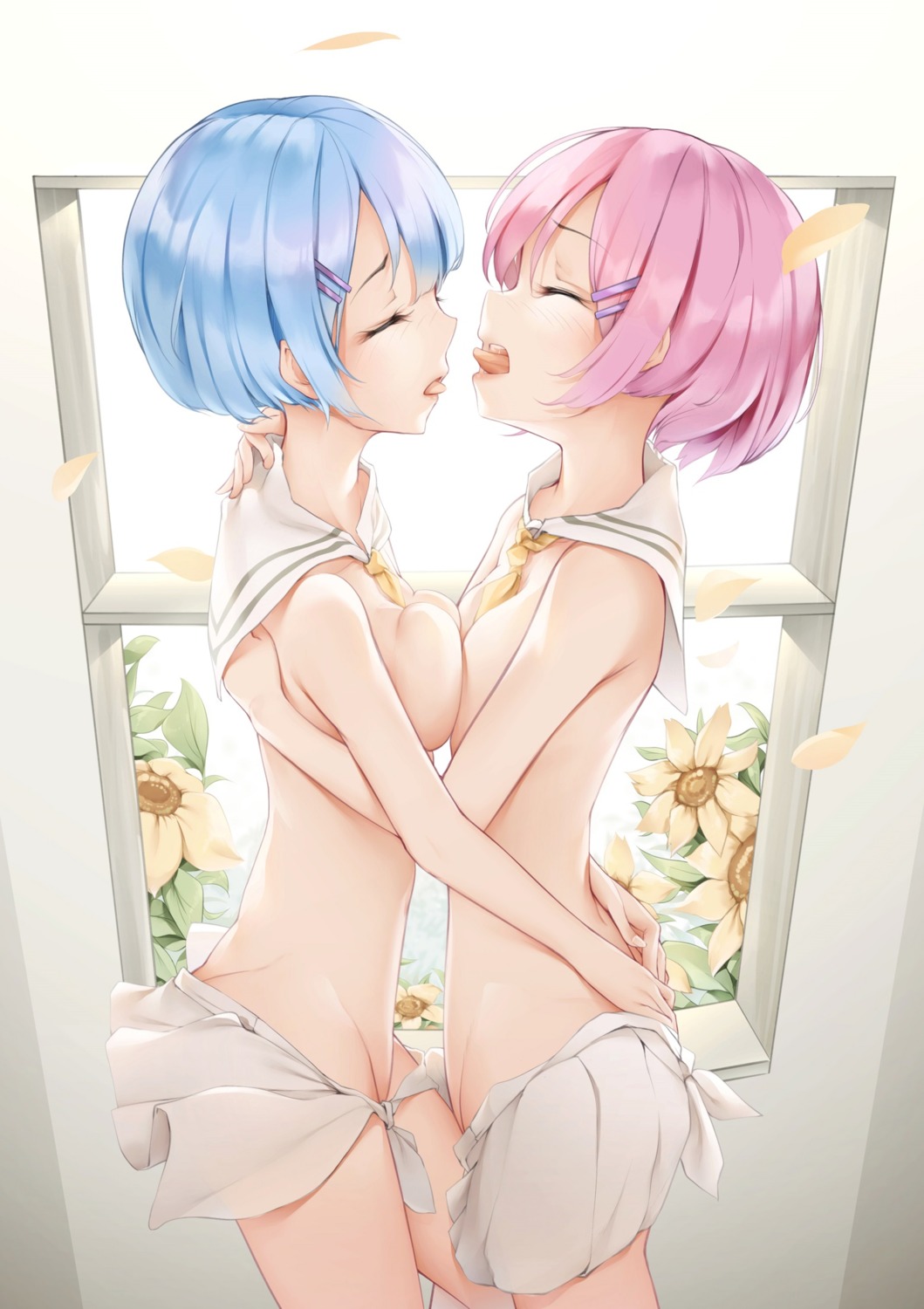 an-telin nopan ram_(re_zero) re_zero_kara_hajimeru_isekai_seikatsu rem_(re_zero) seifuku skirt_lift symmetrical_docking topless yuri