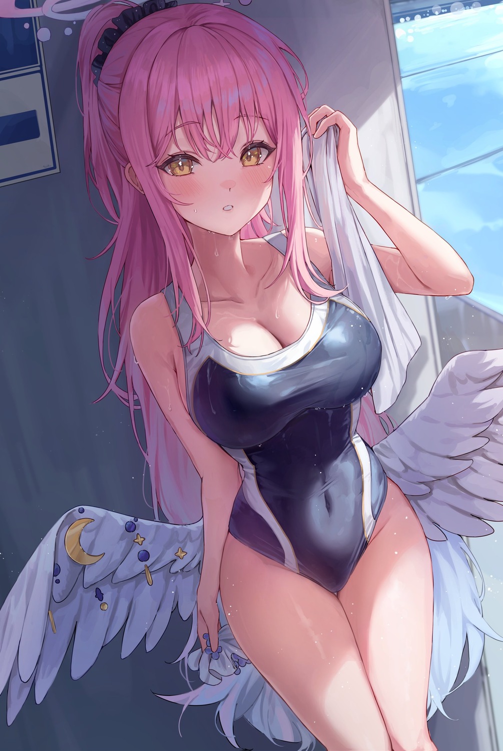 2gong_(9ujin_) angel blue_archive cleavage misono_mika swimsuits wet wings