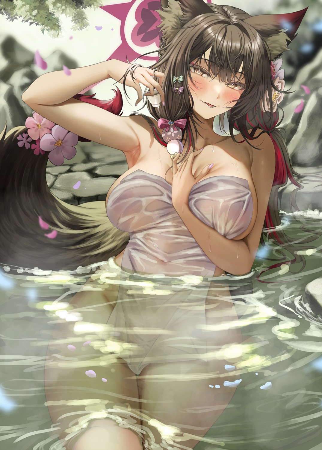 animal_ears areola bathing blue_archive breast_hold halo kitsune kosaka_wakamo naked nompang onsen see_through tail towel wet