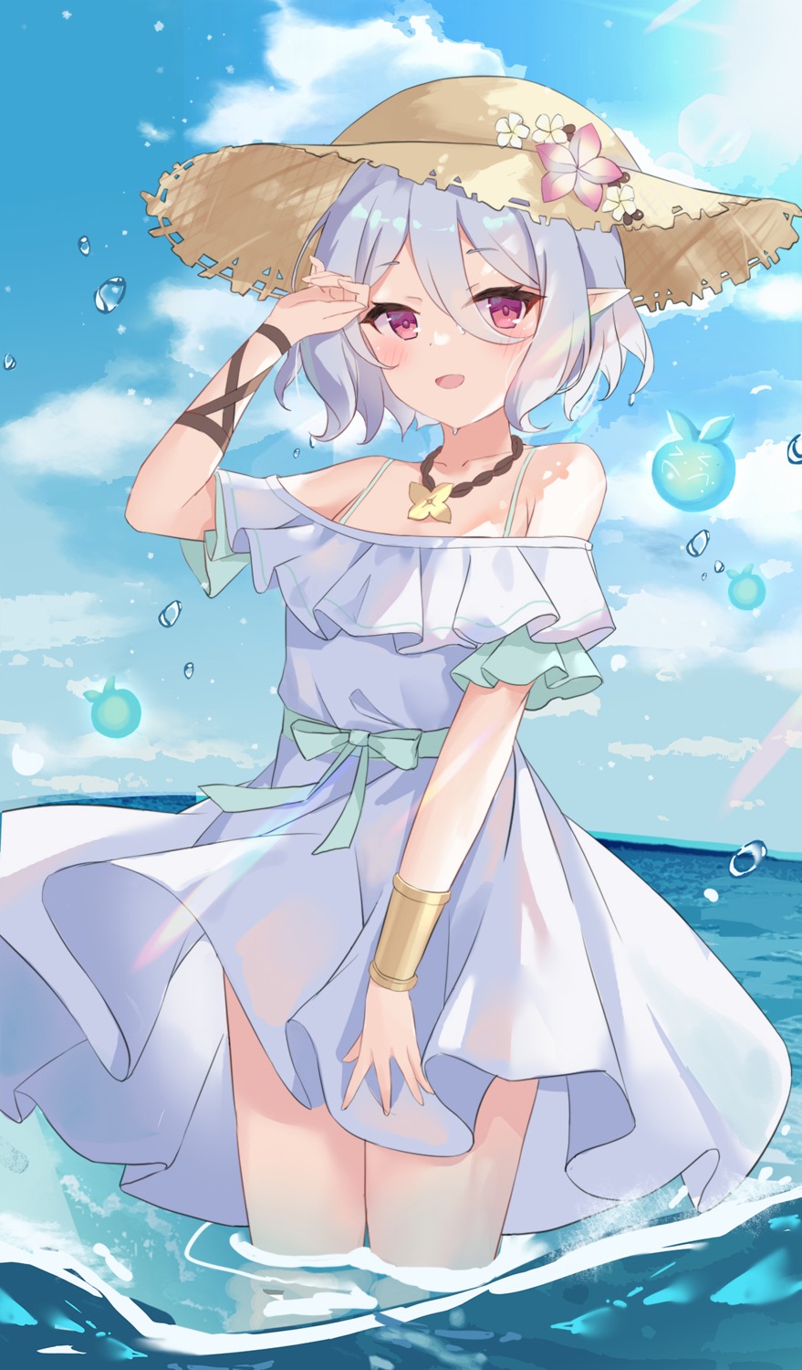 artist_revision dress kokkoro pointy_ears princess_connect princess_connect!_re:dive see_through serika skirt_lift summer_dress wet