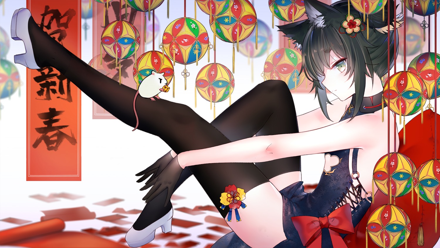 animal_ears chinadress heels ookamisama skirt_lift thighhighs wallpaper