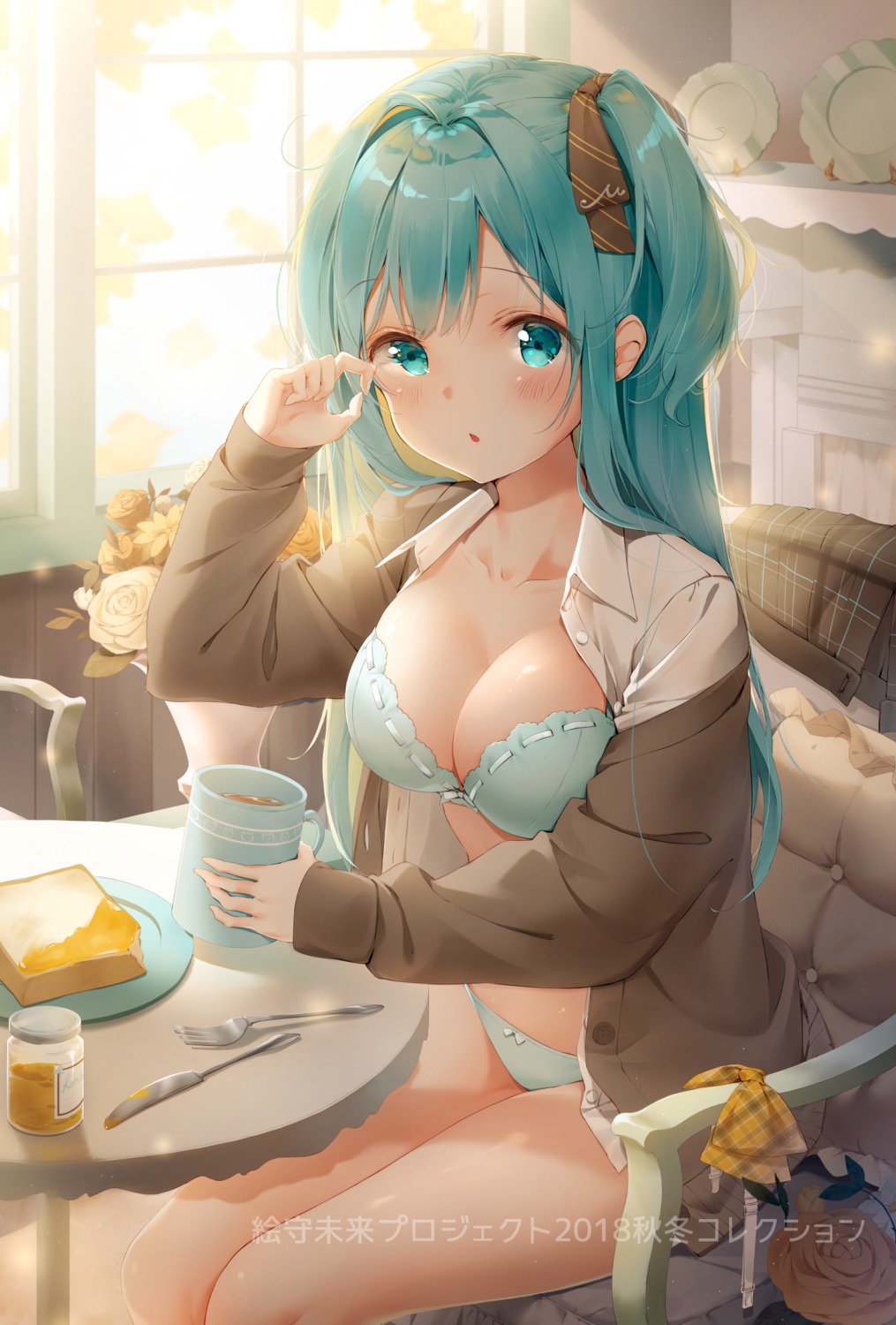 bra emori_miku emori_miku_project kinako_(shiratama_mochi) open_shirt pantsu seifuku sweater