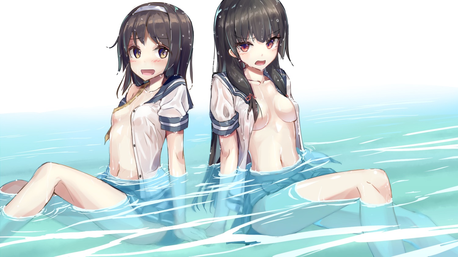 isokaze_(kancolle) kantai_collection no_bra open_shirt seifuku tanikaze_(kancolle) tenrai wet wet_clothes