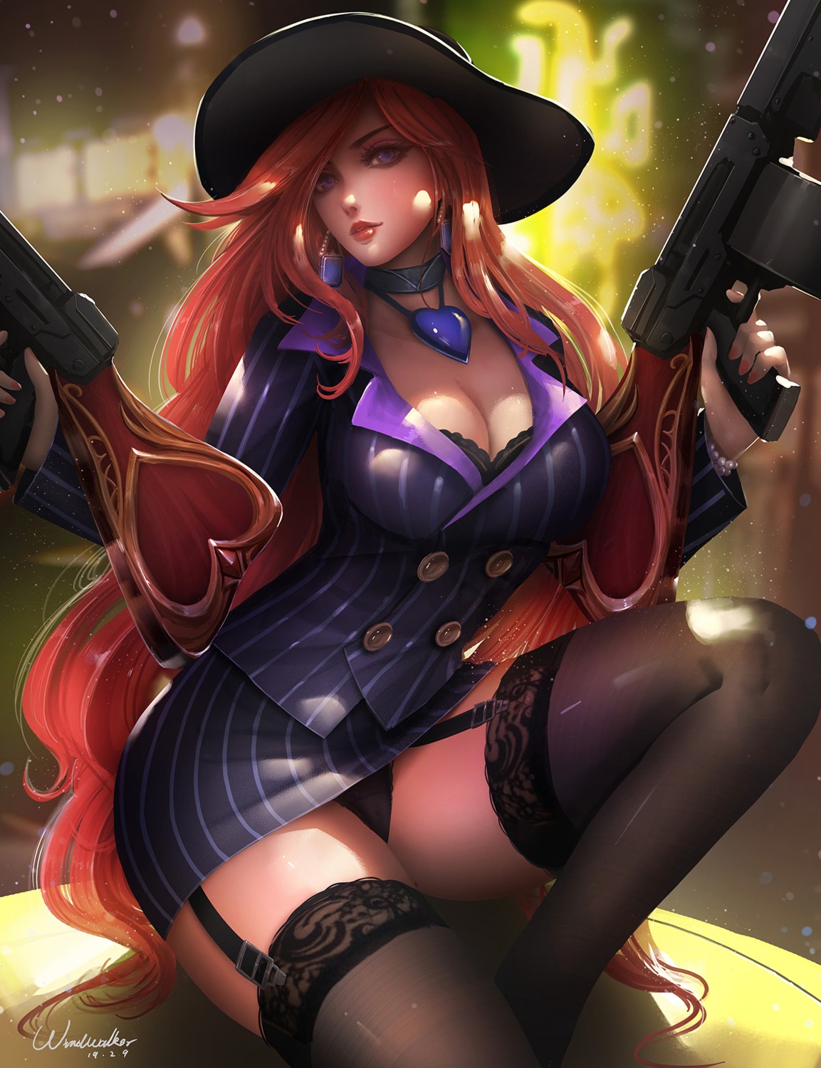 bra business_suit cleavage gun league_of_legends miss_fortune pantsu skirt_lift stockings thighhighs windwalker