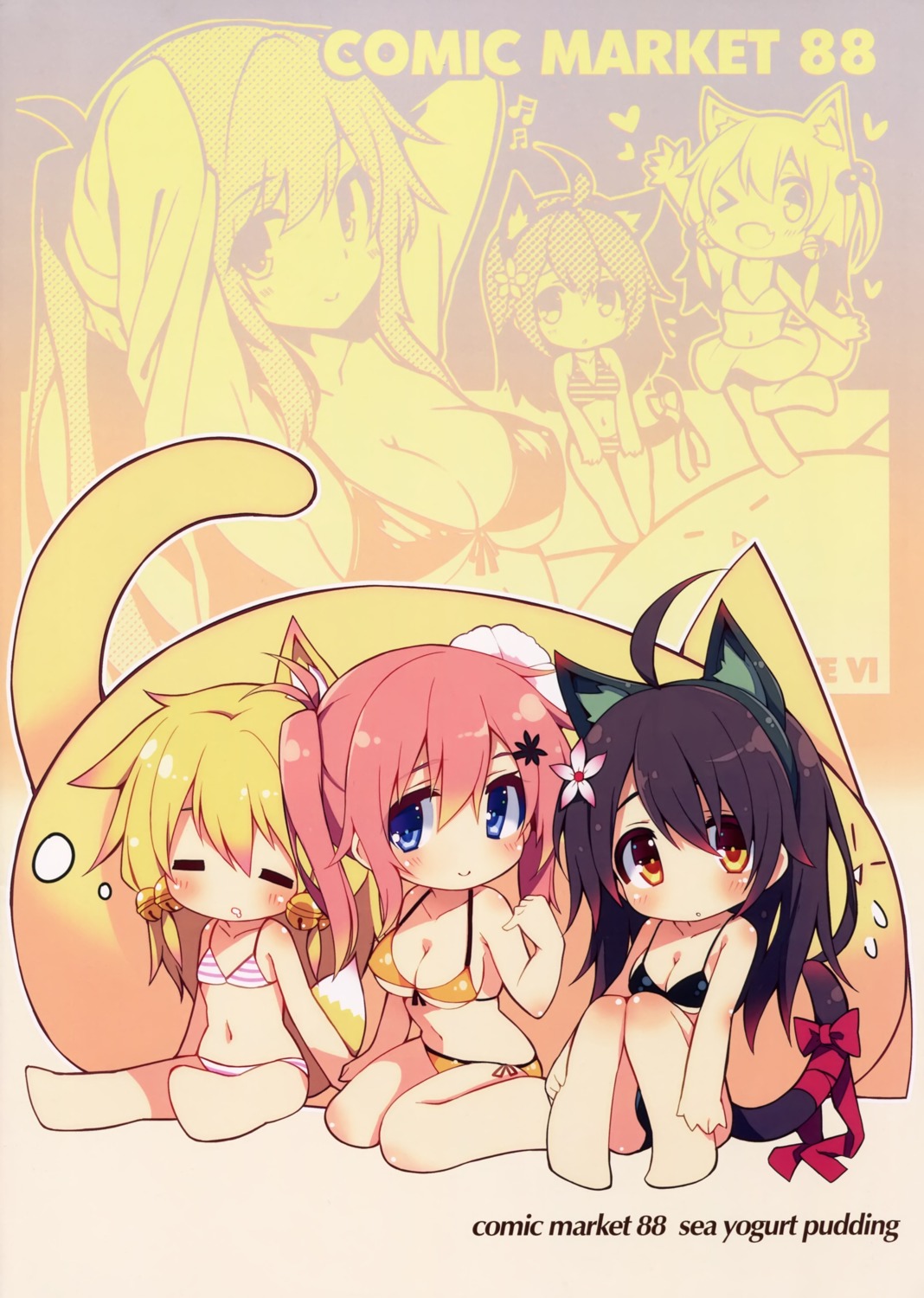 animal_ears bikini chibi chiri_(atlanta) chiriko_(atlanta) cleavage meina nekomimi purin_kai_yogurt swimsuits tail ten'inkou_korin underboob