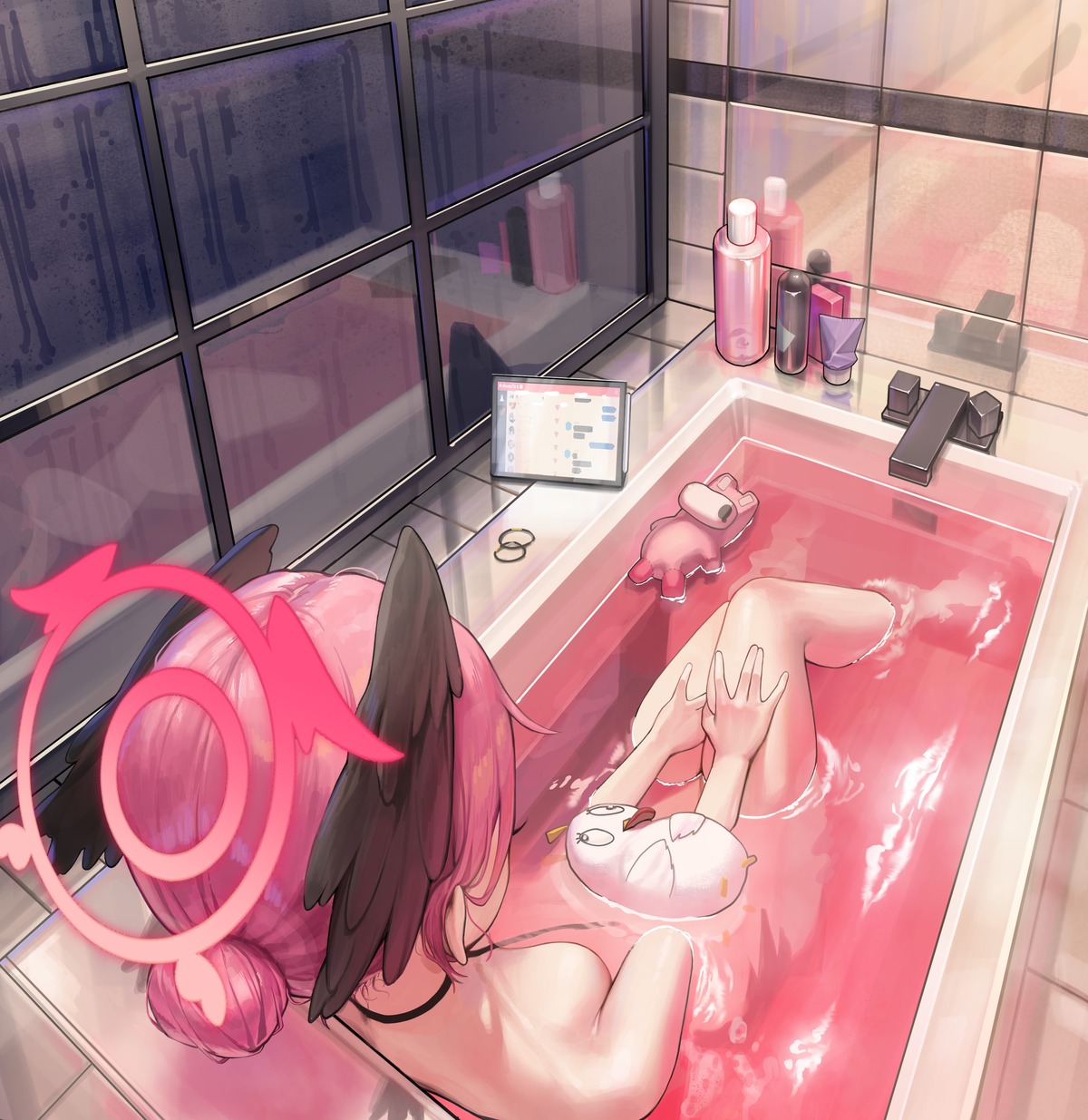 bathing blue_archive dong_ji halo naked shimoe_koharu wet wings