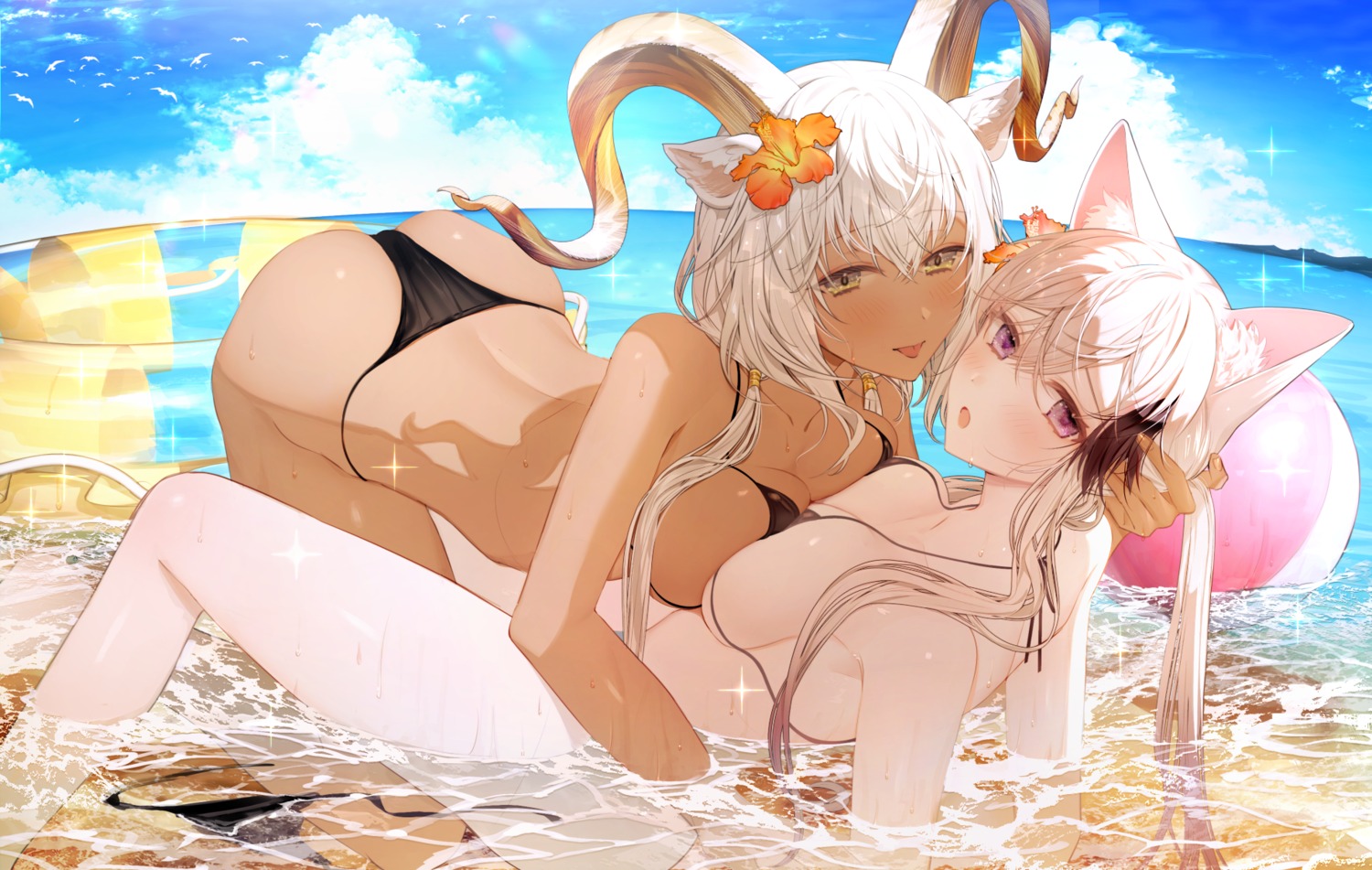 animal_ears arknights beeswax_(arknights) bikini cardigan_(arknights) horns shandega swimsuits thong yuri