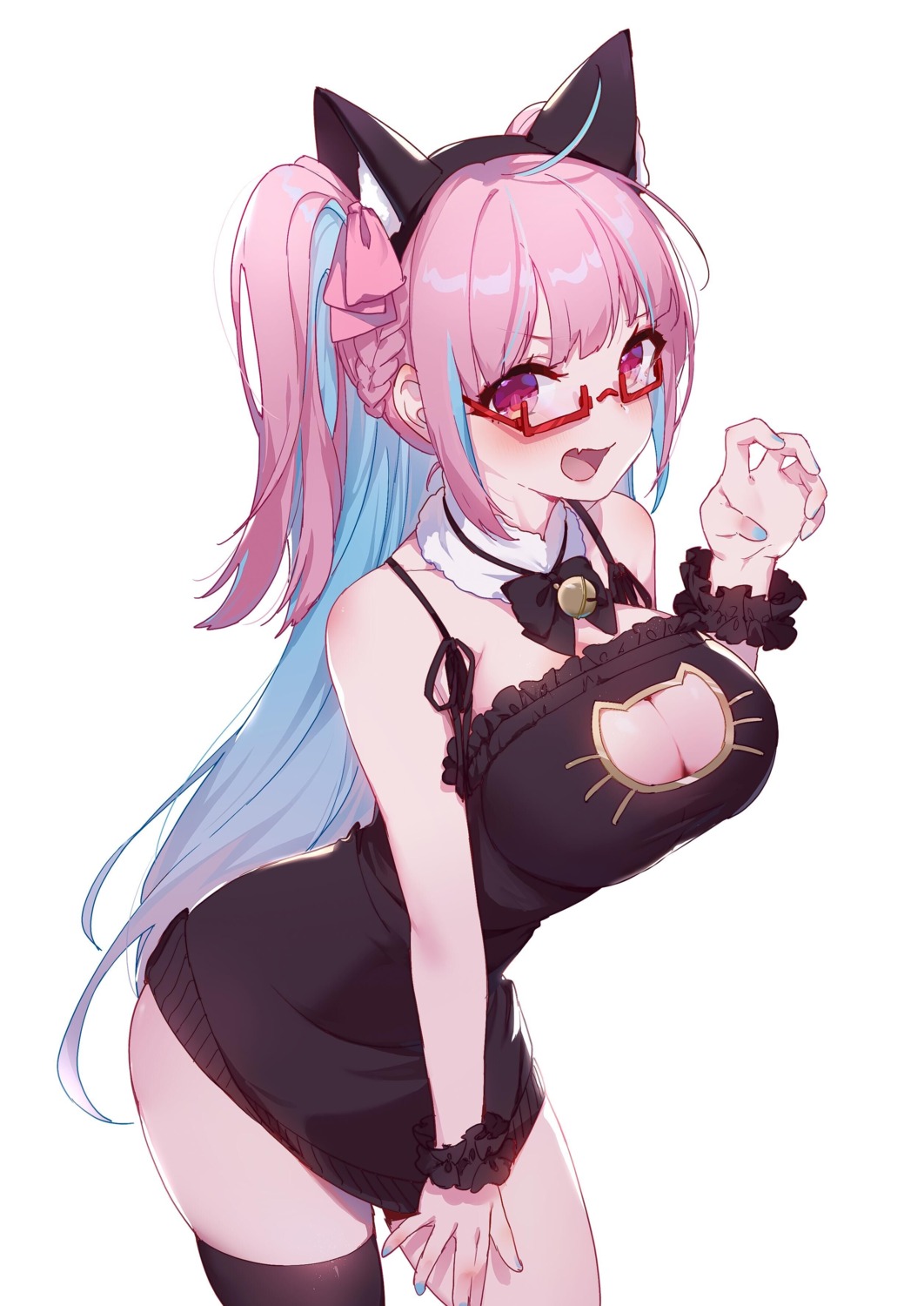 animal_ears cleavage dress hololive megane minato_aqua nekomimi no_bra slyvia thighhighs