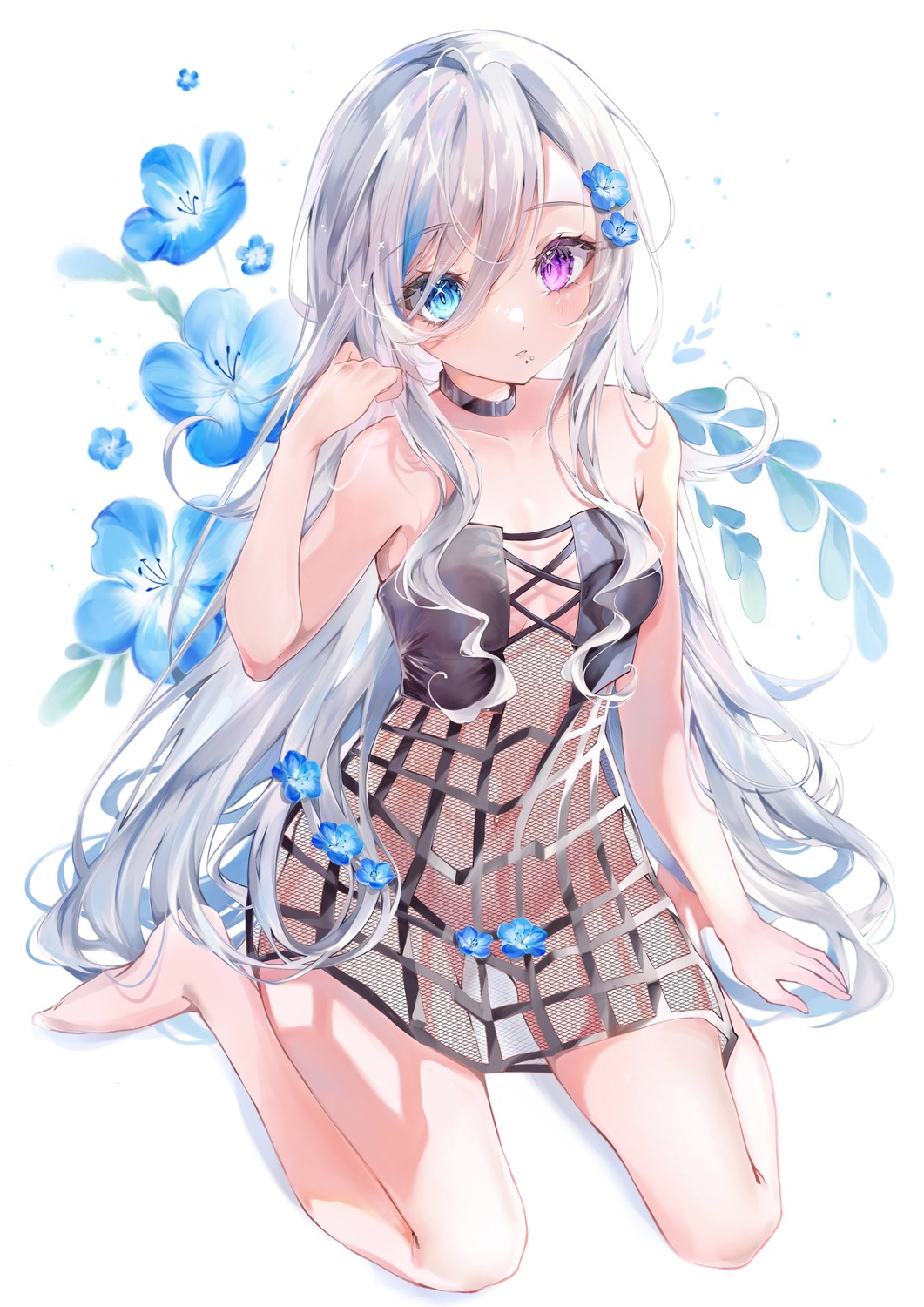 cleavage dress fishnets heterochromia kaidayo no_bra nopan see_through