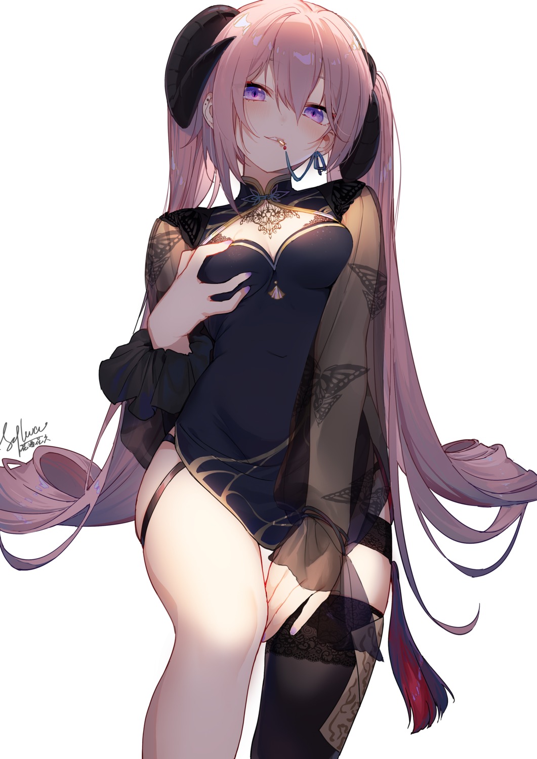 breast_grab chinadress cleavage garter horns see_through slyvia thighhighs