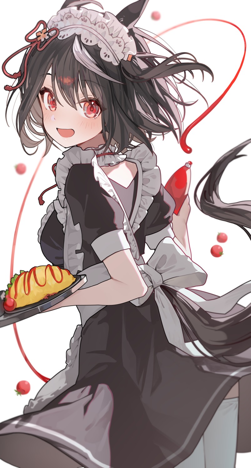 animal_ears kitasan_black_(umamusume) maid ningen_mame skirt_lift tail thighhighs uma_musume_pretty_derby waitress