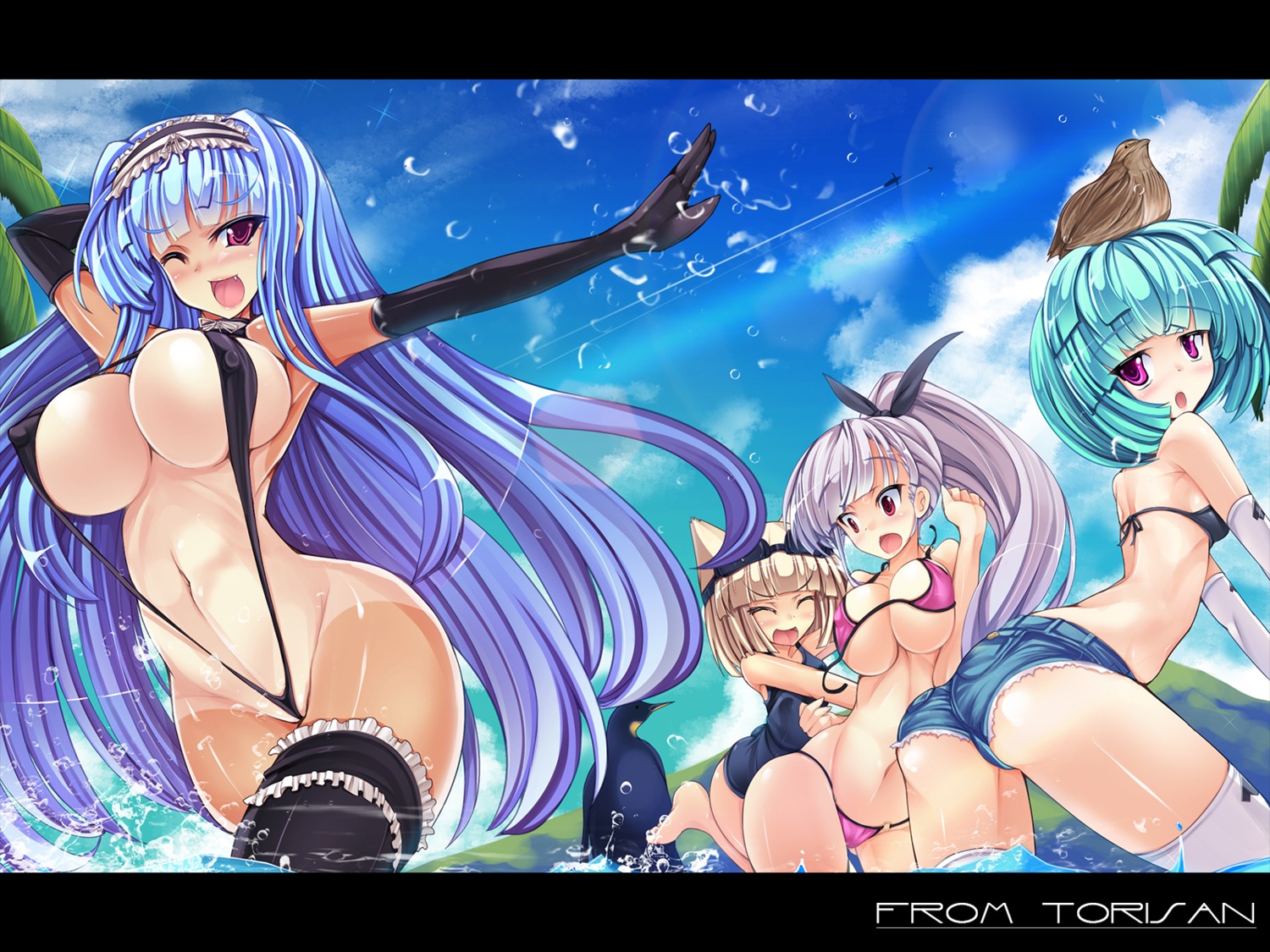 bikini bikini_top erect_nipples garter school_swimsuit sling_bikini swimsuits tan_lines thighhighs torisan wallpaper wardrobe_malfunction wet