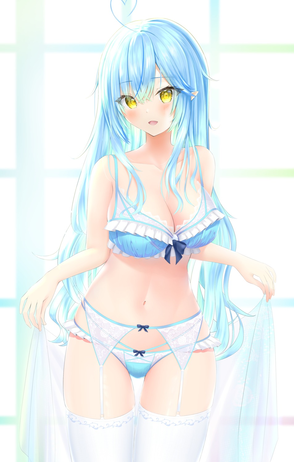 bra elf garter_belt hololive kon_(07263545) pantsu pointy_ears see_through stockings thighhighs yukihana_lamy