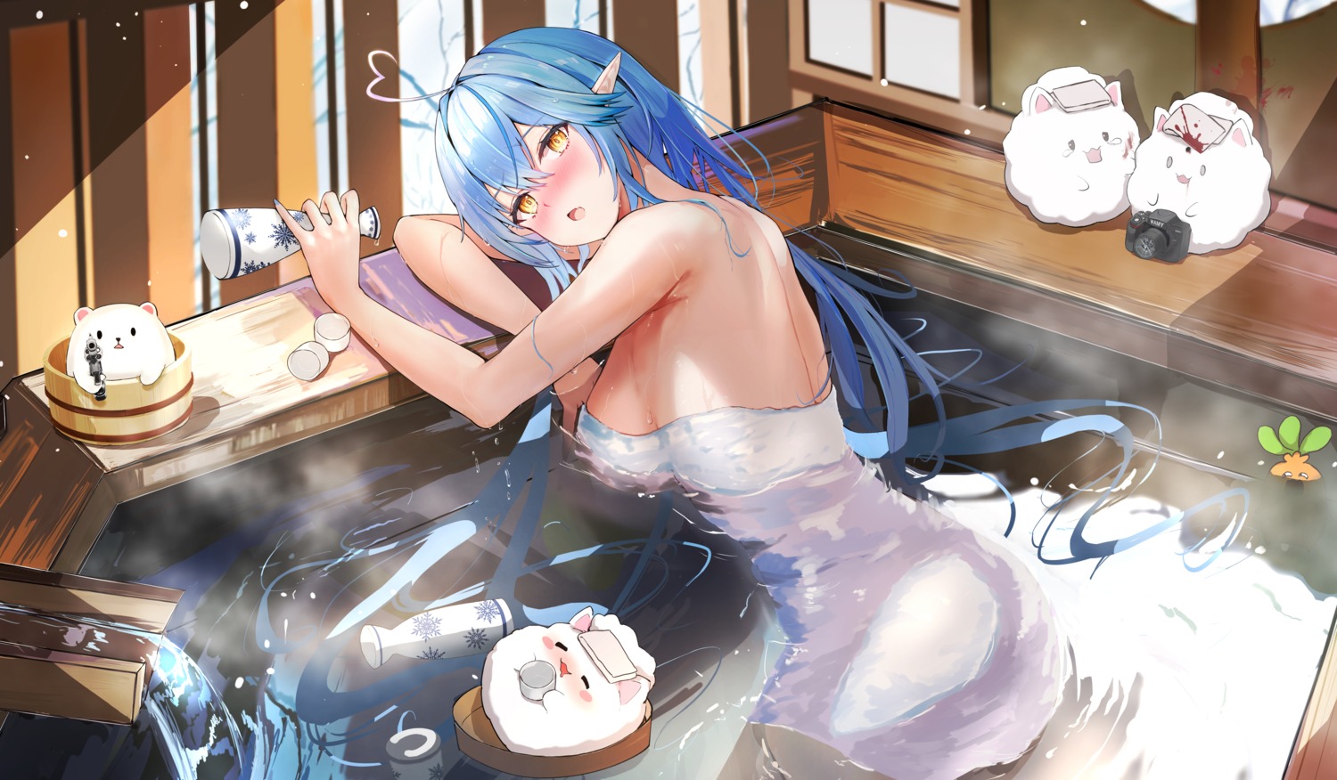 bathing elf hololive mugiusagi onsen pointy_ears towel wet yukihana_lamy