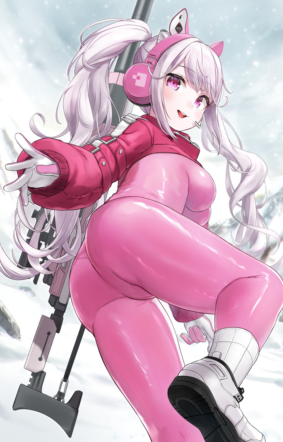 alice_(nikke) animal_ears ass bodysuit goddess_of_victory:_nikke gun headphones kurofuti