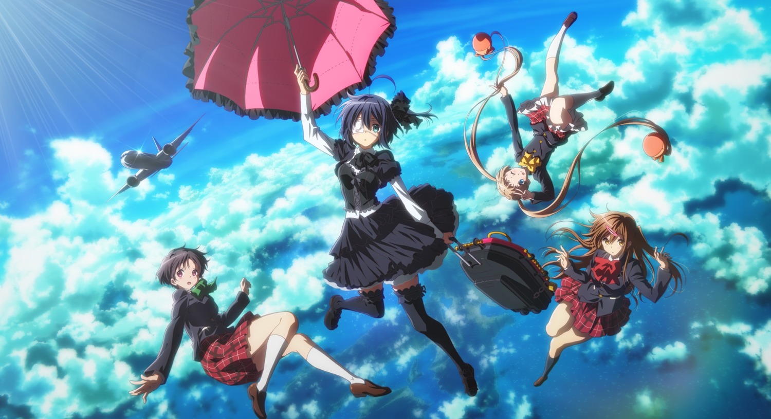 chuunibyou_demo_koi_ga_shitai! dekomori_sanae eyepatch gothic_lolita lolita_fashion nibutani_shinka seifuku takanashi_rikka thighhighs tsuyuri_kumin umbrella