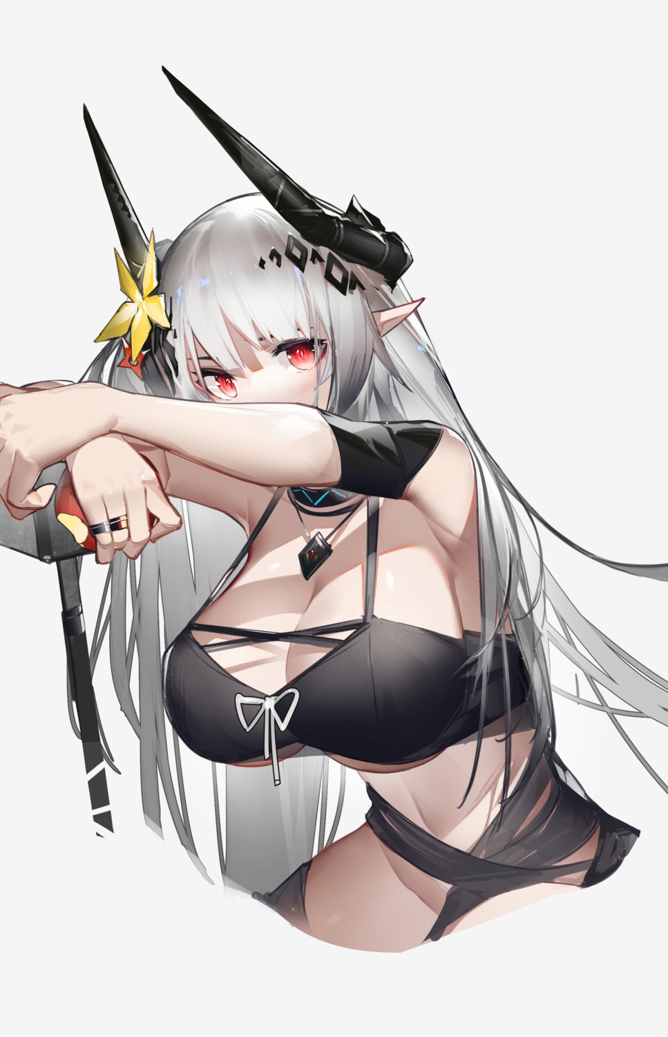 arknights horns mudrock_(arknights) no_bra pointy_ears yushi_quetzalli