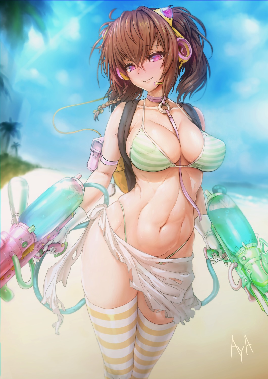 aya_shobon bikini erect_nipples gun headphones swimsuits thighhighs torn_clothes