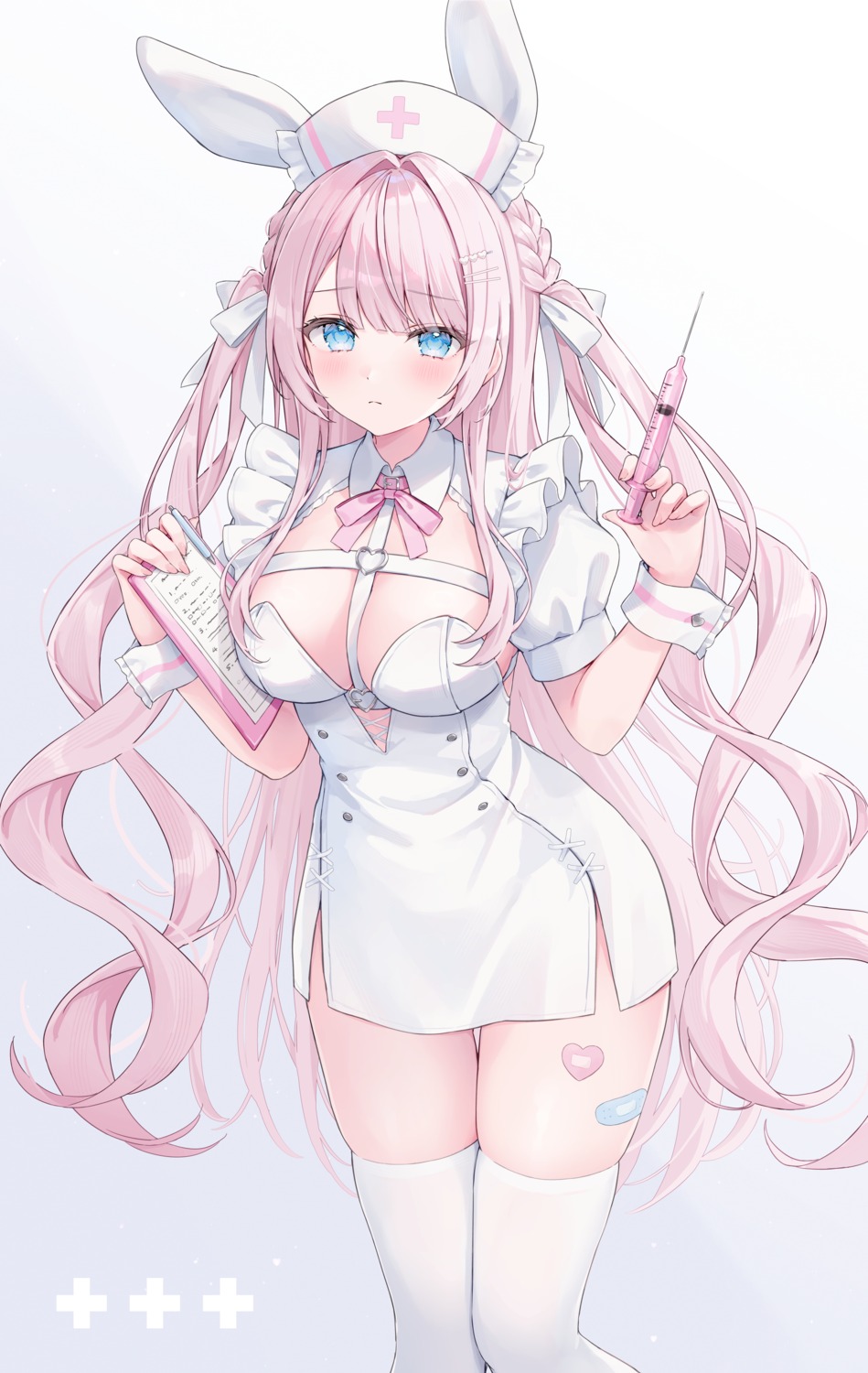 animal_ears bandaid bunny_ears no_bra nurse shano_hiyori thighhighs