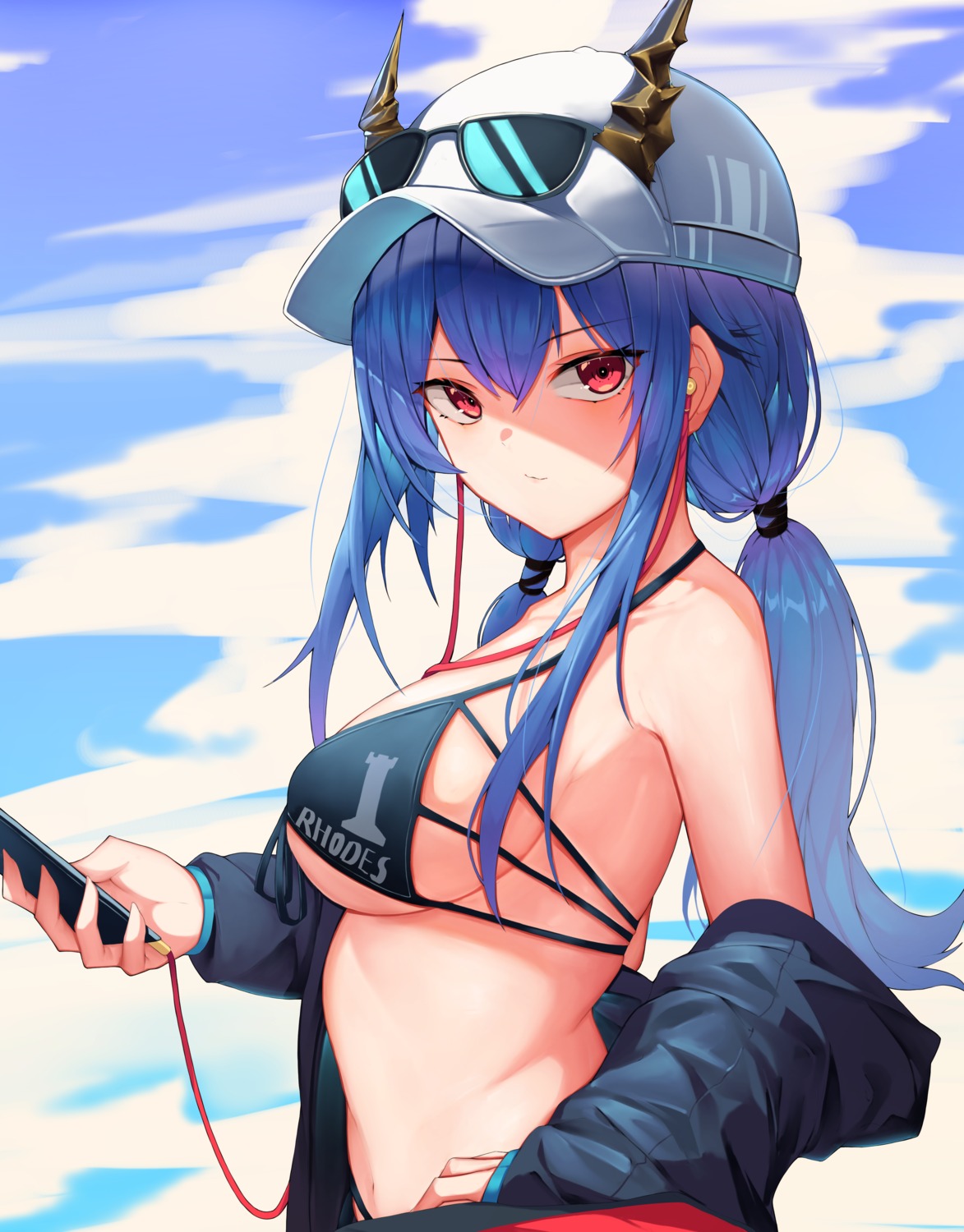 aoria arknights artist_revision bikini ch'en_(arknights) horns megane open_shirt swimsuits