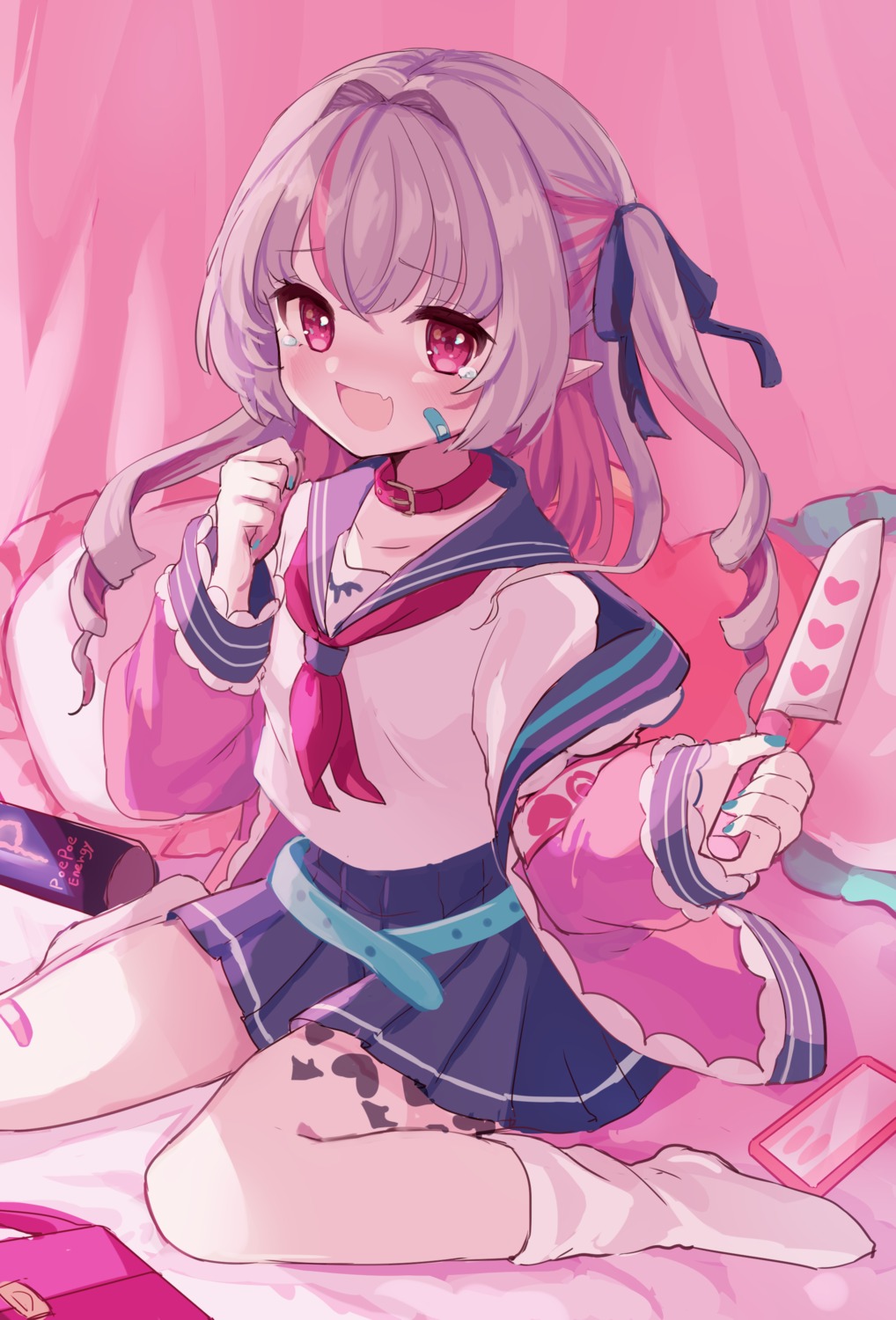 bandaid karunabaru makaino_ririmu nijisanji nijisanji_gamers pointy_ears seifuku tattoo