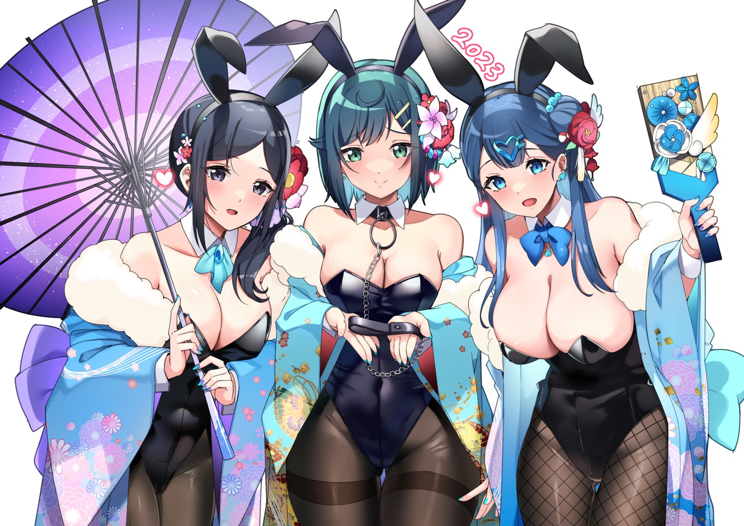animal_ears bunny_ears bunny_girl delicious_party_precure fishnets fuwa_kokone healin'_good_precure hugtto!_precure kimono no_bra pantyhose rumo sawaizumi_chiyu umbrella yakushiji_saaya