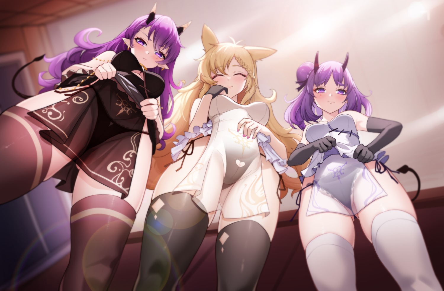 animal_ears arknights chinadress ddddecade hibiscus_(arknights) horns kroos_(arknights) lava_(arknights) no_bra pantsu pointy_ears see_through string_panties tail thighhighs thong