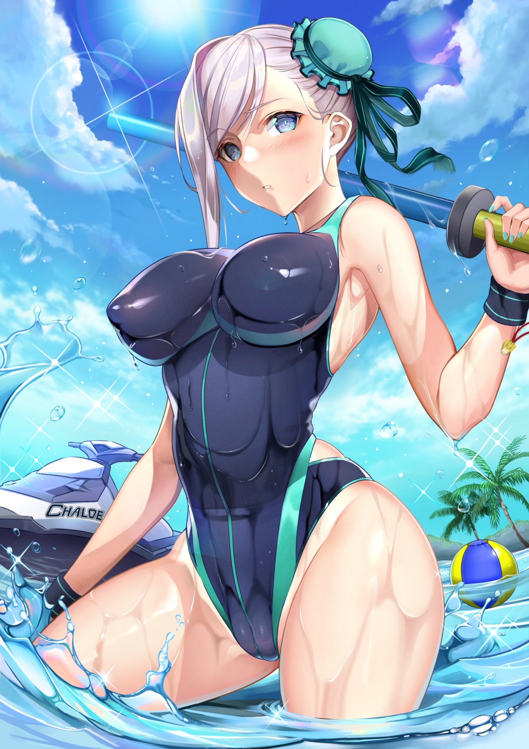 alcoholrang cameltoe erect_nipples fate/grand_order miyamoto_musashi_(fate/grand_order) swimsuits sword tan_lines wet