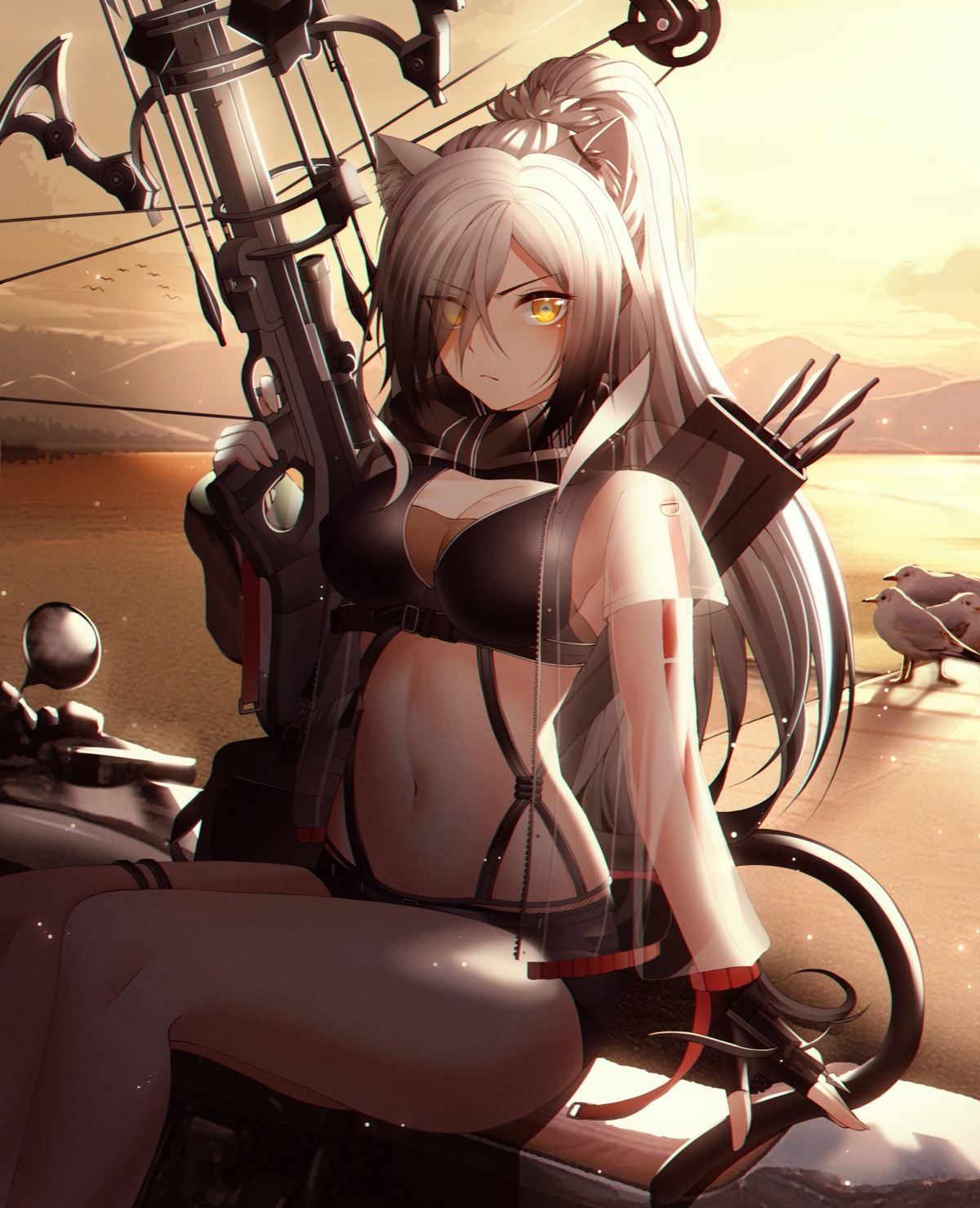 animal_ears arknights cleavage schwarz_(arknights) see_through skarif tail weapon