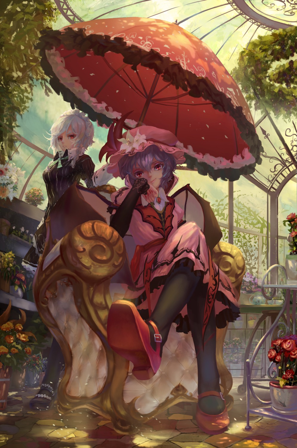 dress heels izayoi_sakuya neko-mura_ikkro remilia_scarlet touhou umbrella wings