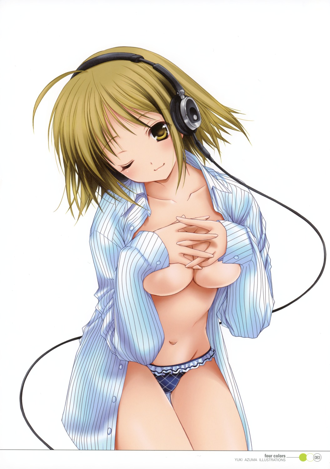 azuma_yuki breast_hold cleavage headphones no_bra open_shirt pantsu