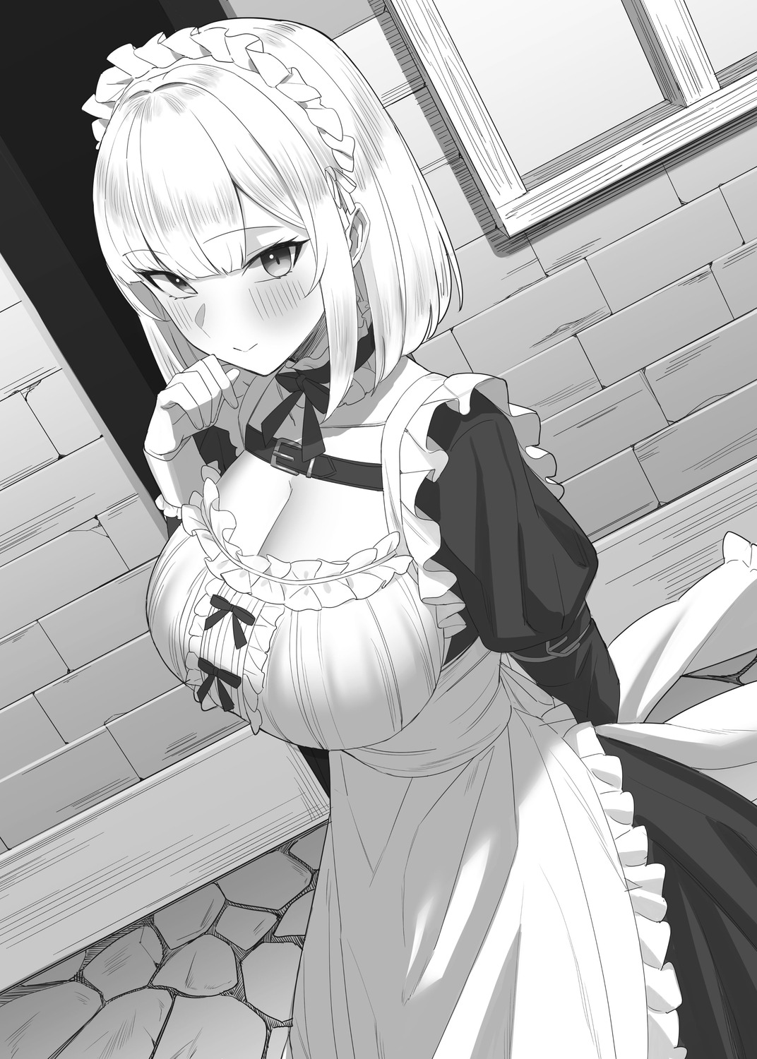 cleavage maid michihasu monochrome