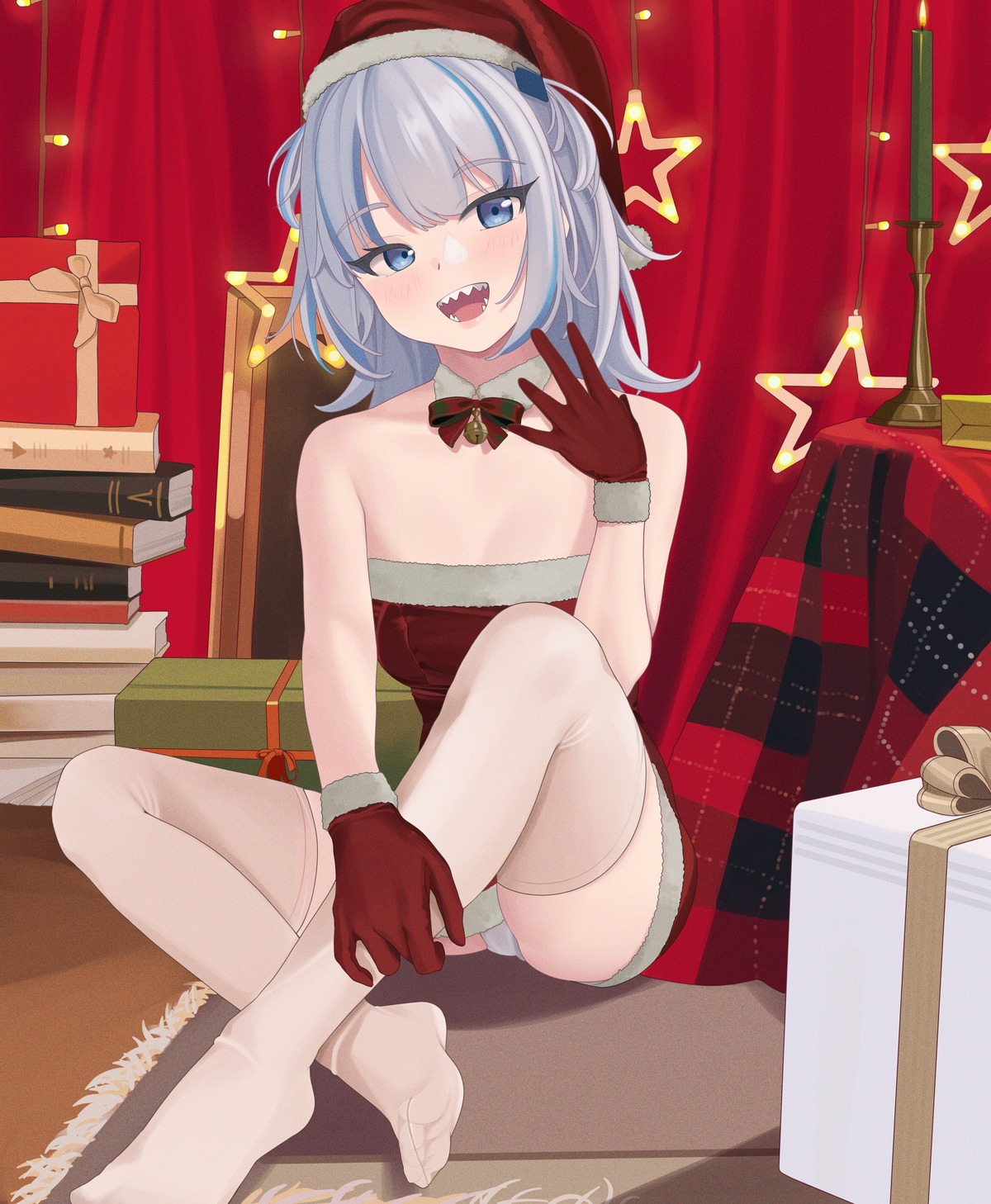 christmas cleavage dress feet gawr_gura hololive hololive_english no_bra pantsu quatthro skirt_lift thighhighs