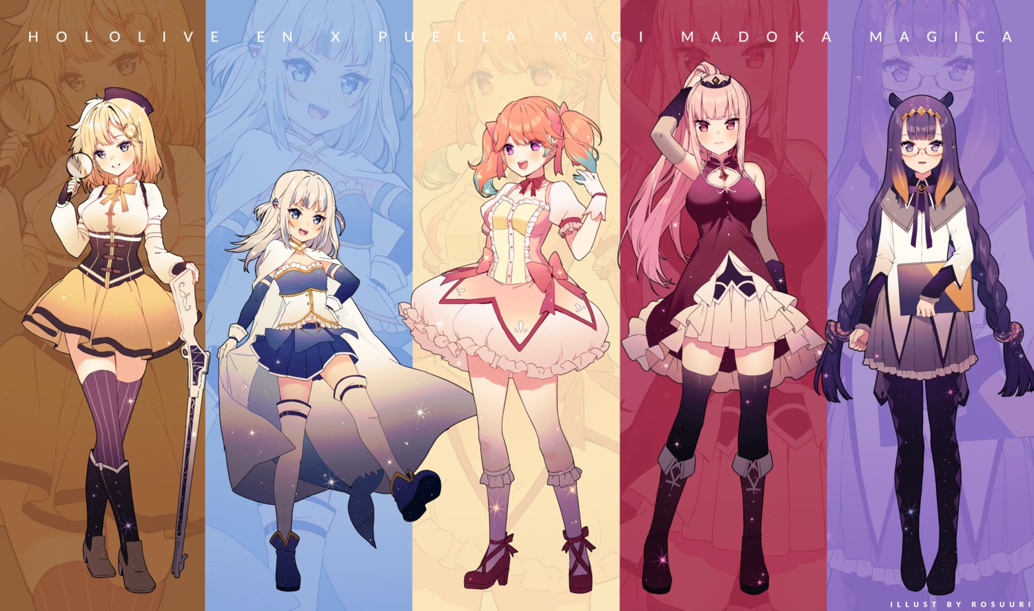 akemi_homura cosplay dress gawr_gura gun heels hololive hololive_english kaname_madoka megane miki_sayaka mori_calliope ninomae_ina'nis pantyhose puella_magi_madoka_magica rosuuri sakura_kyouko takanashi_kiara thighhighs tomoe_mami watson_amelia