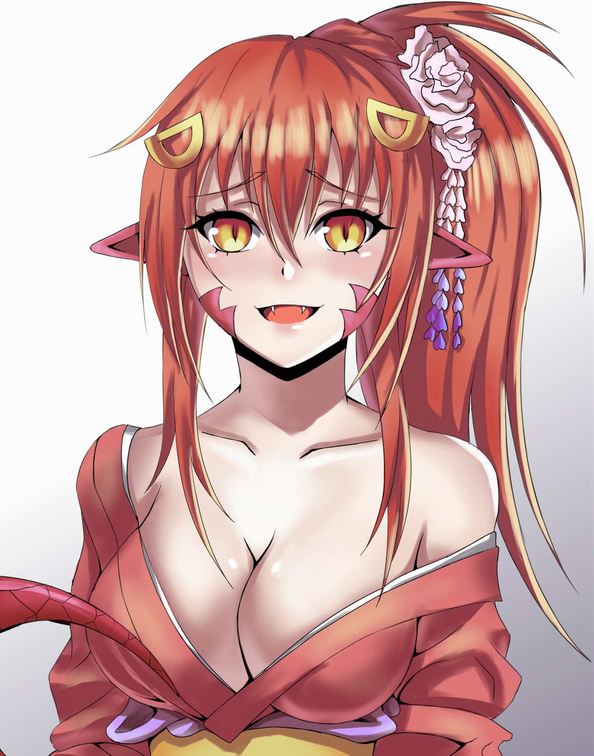 cleavage kimono miia_(monster_musume) mishairl monster_girl monster_musume_no_iru_nichijou no_bra open_shirt pointy_ears tail