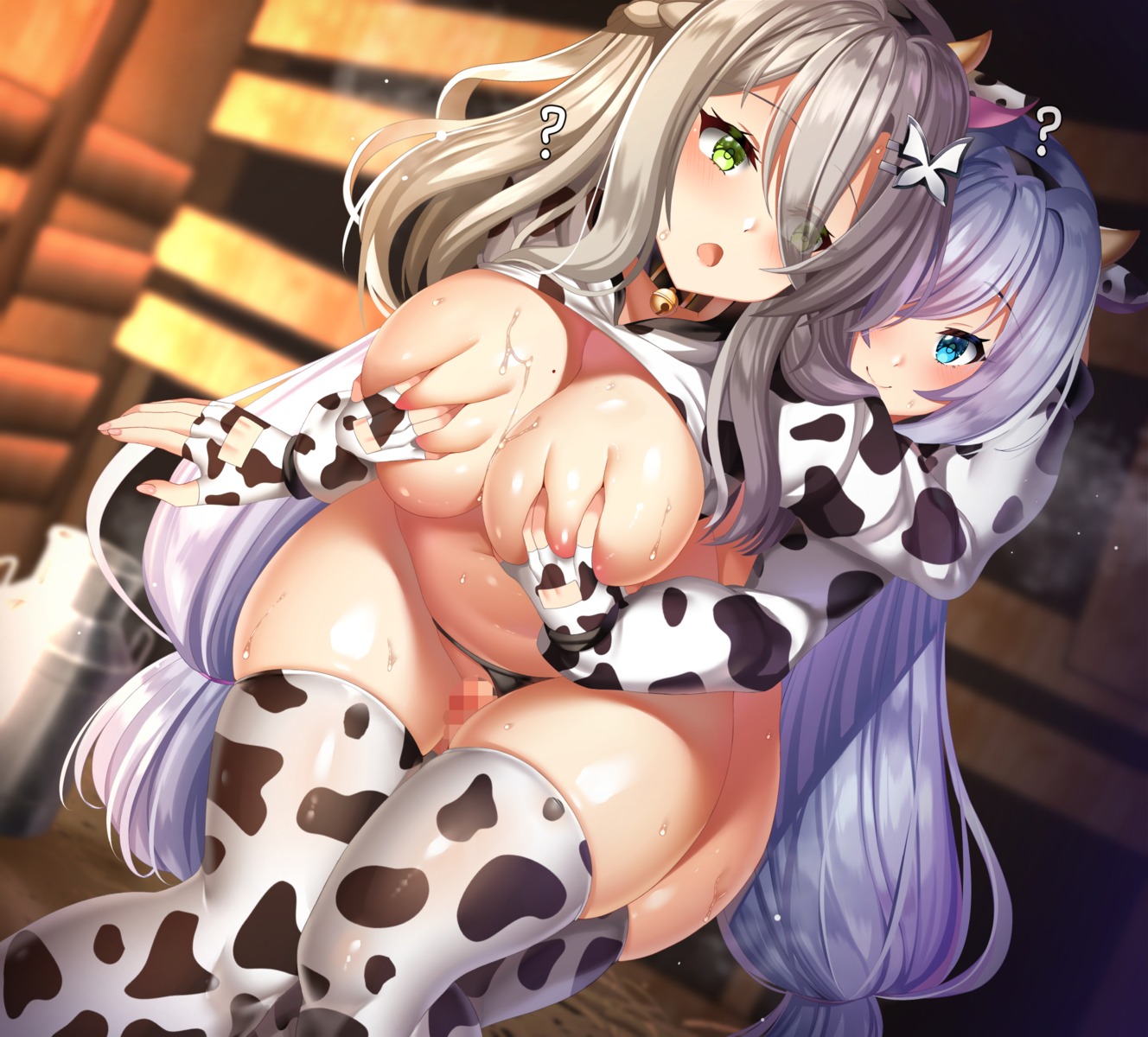 animal_ears areola bottomless breast_grab breasts censored futanari horns maze_yuri no_bra pantsu sex shirt_lift soul_worker thighhighs thong