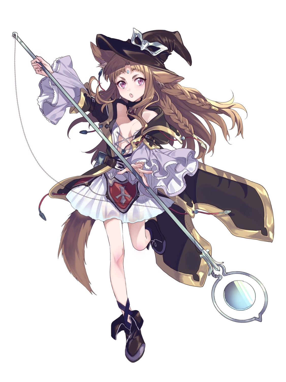 animal_ears dress maruchi nekomimi no_bra open_shirt tail weapon witch